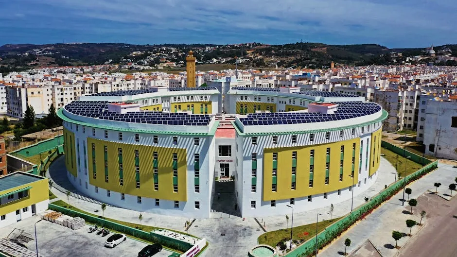 Aerial view of a solar-paneled, circular modern building in Tangier, Morocco.