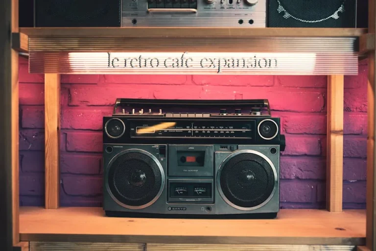 Classic boombox displayed at le retro cafe with pink brick wall background.