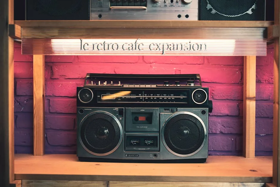 Classic boombox displayed at le retro cafe with pink brick wall background.
