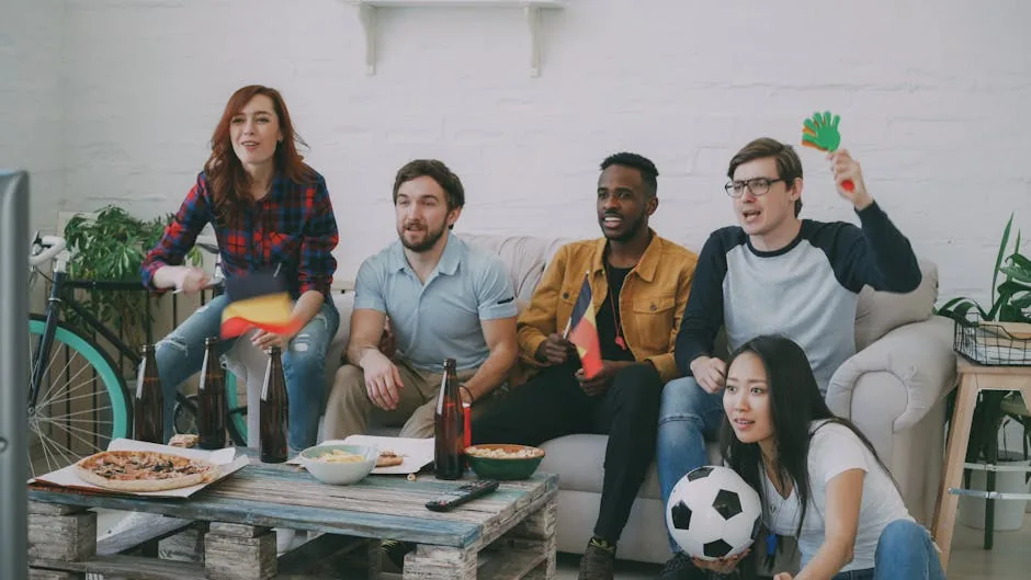 Friends watching a soccer match indoors, waving flags and cheering with snacks and drinks.