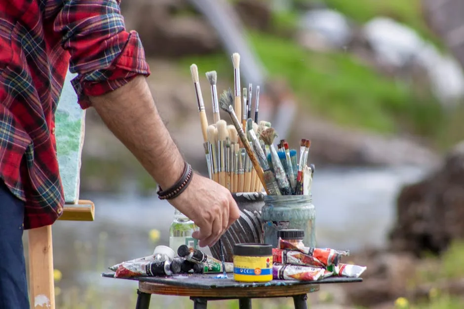 Artist setting up paintbrushes and tubes outdoors near a stream.