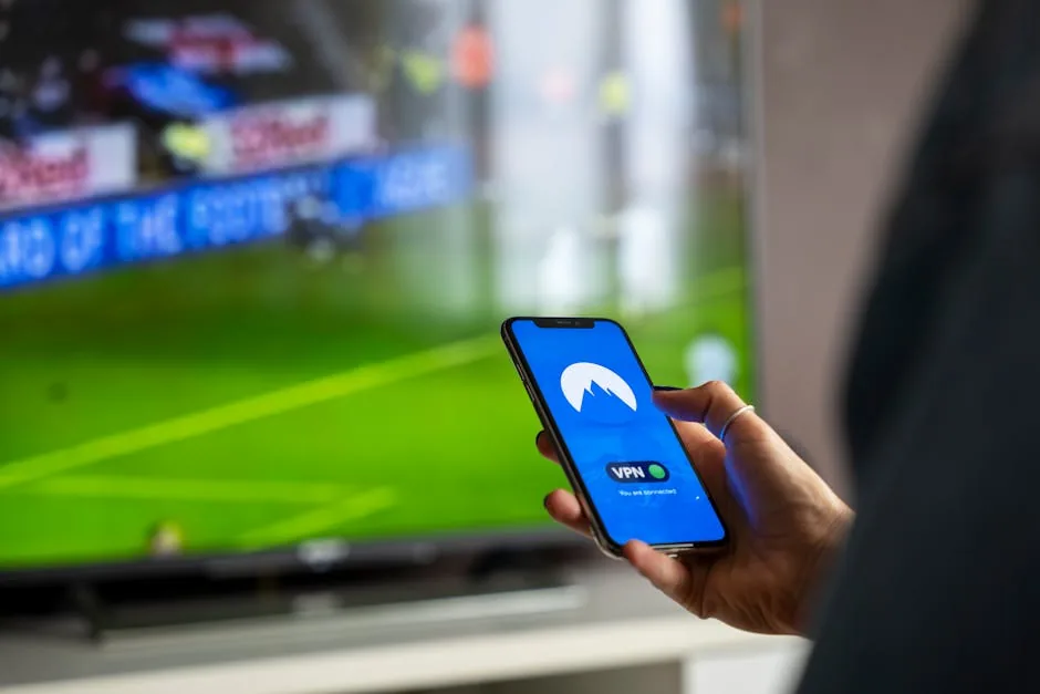 Close-up of a person holding a smartphone with a VPN app, streaming sports on TV.