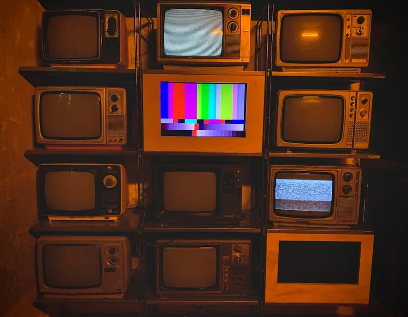 A collection of vintage televisions featuring static and color test patterns on the screens.