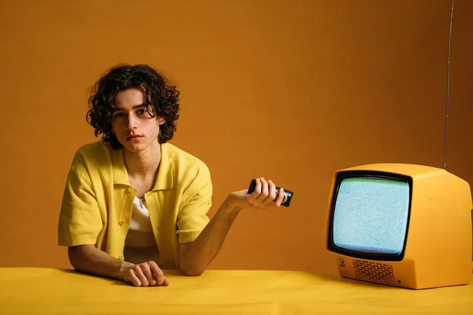 Young man in yellow with a vintage TV in a cool, retro setting.