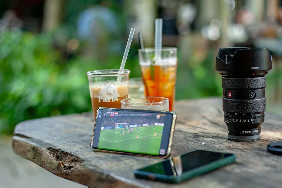 A smartphone streams soccer beside drinks and camera gear at an outdoor cafe.