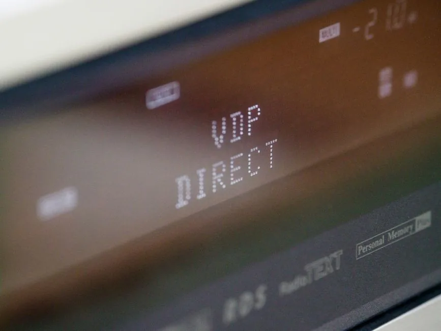 Extreme close-up of a digital screen displaying VDP DIRECT text with a soft focus.