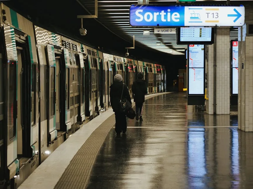 Two passengers walking at a Paris subway platform, under a 'Sortie' sign, with train in view.