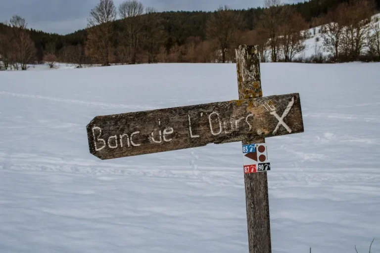 Rustic signpost in snowy winter landscape at Autrans-Méaudre-en-Vercors, France.