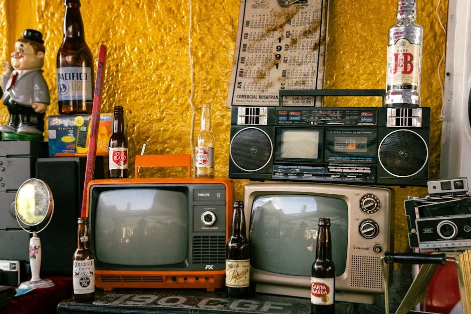A nostalgic arrangement of vintage electronics and bottles in a retro setting.