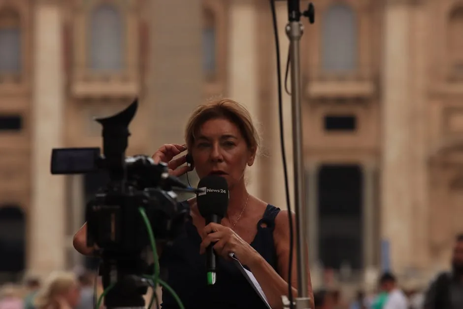 Journalist reporting live from Vatican City, capturing the essence of urban broadcast journalism.